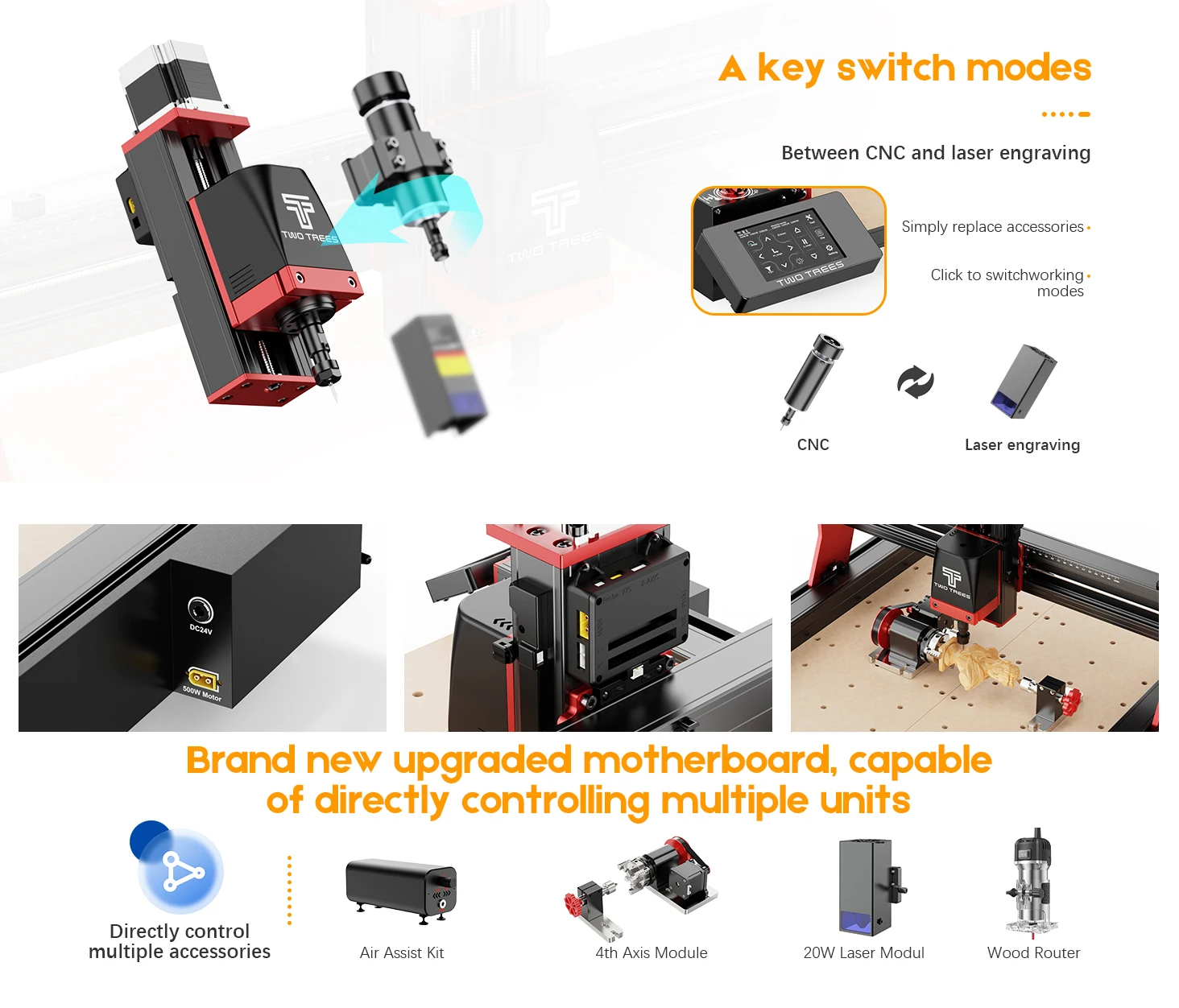 Two Tree TTC450 Pro CNC Milling Cutter Laser Engraving Machine for Wood Acrylic PCB PVC Metal 4 Axis CNC Router kit Large Size