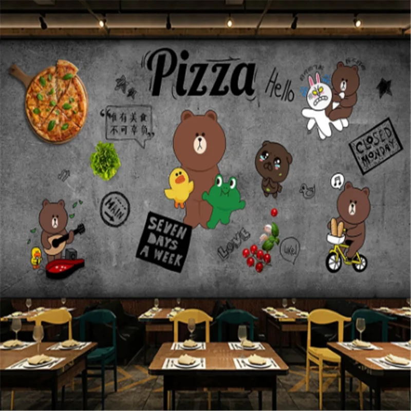 

Custom Cartoon Snack Bar Wall Mural Wallpaper 3D Italy Pizza Burgers Western Fast Food Restaurant black Background Wall Paper 3D