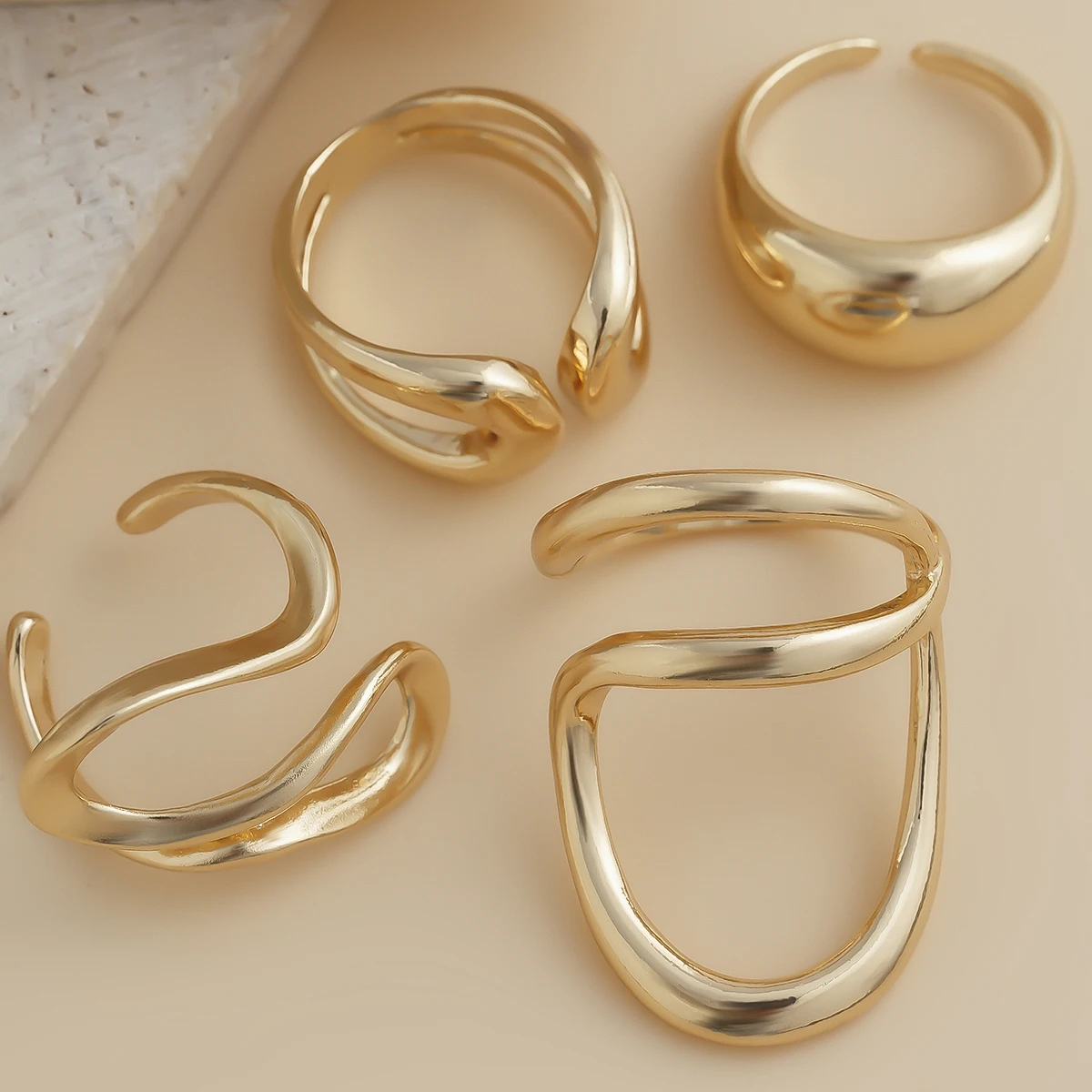 SHIXIN 4Pcs Creative Irregular Hollow Curve Open Ring Set for Women Punk Gold Color Geometry Finger Ring Party Wedding Jewelry