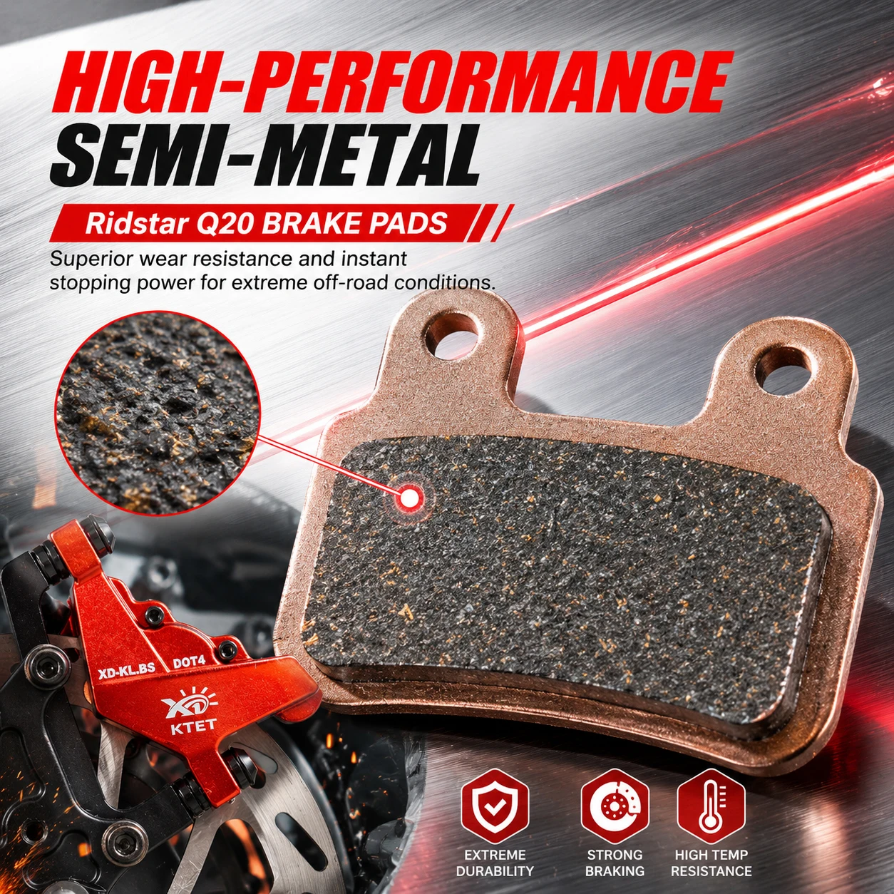 Q20 Ebike Brake Pads Semi-Metallic for Ridstar Q20 Pro H26 Pro YVY K20 Pro C20 Max KTET XD-KL.BS