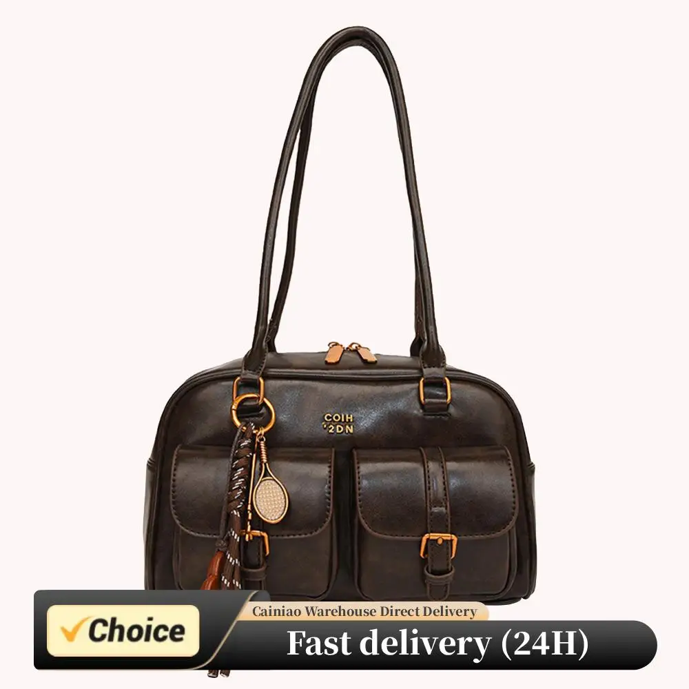 

Однотонная кожаная сумка в стиле ретро с несколькими карманами и несколькими карманами. Сумка на плечо для покупок и ежедневного использования.