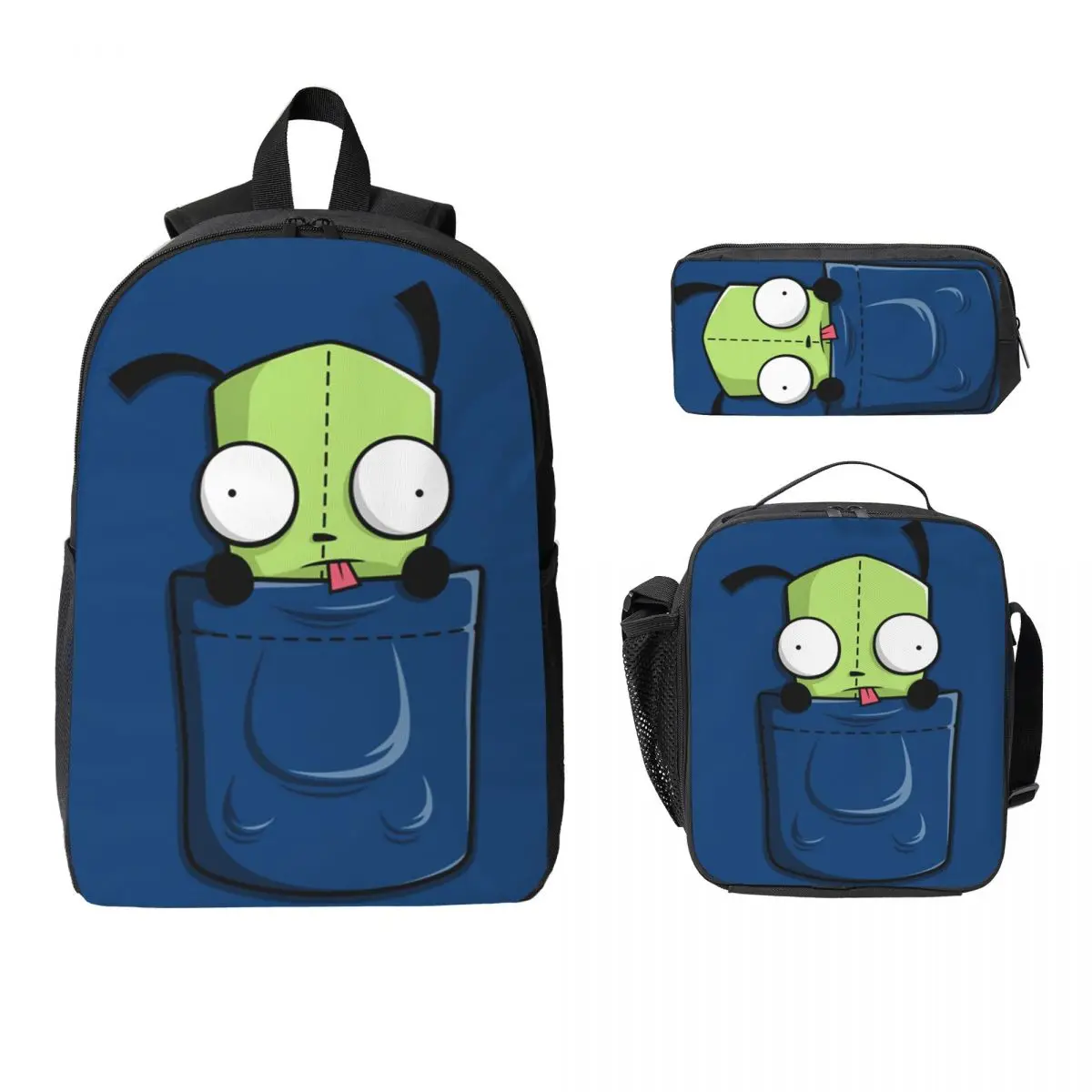 Pocket Spare Parts Invader Zim Gir Backpack Boys Girls BookBag School Bag Shoulder Bags 3ps Insulated Lunch Bag Pencil Case