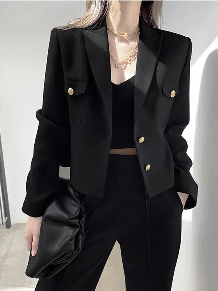 

Casual Black Blazer Coats Women Fashion Slim Long Sleeve Elegant Short Jackets Fall Korean Double Buttons Office Lady Tops 3580