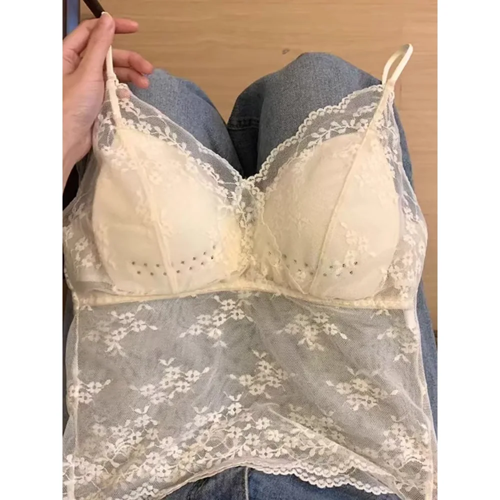 

Real Review Spicy Short Mesh Vest Women's Fashion Small Strap Vest with Chest Pad Net Shirt City Walk Daily Wear V-Neck