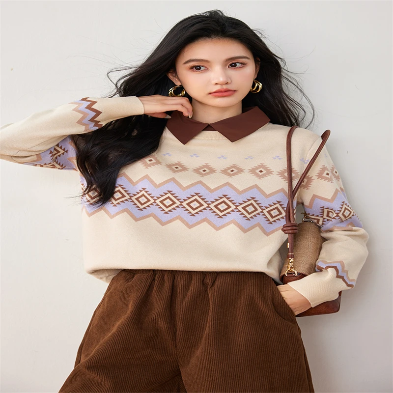 I BELIEVE YOU Lazy Fake Two Jacquard Wpmen's Sweater Winter 2024 New Polo Collar Knitted Cozy Pullovers Retro Lady TOP