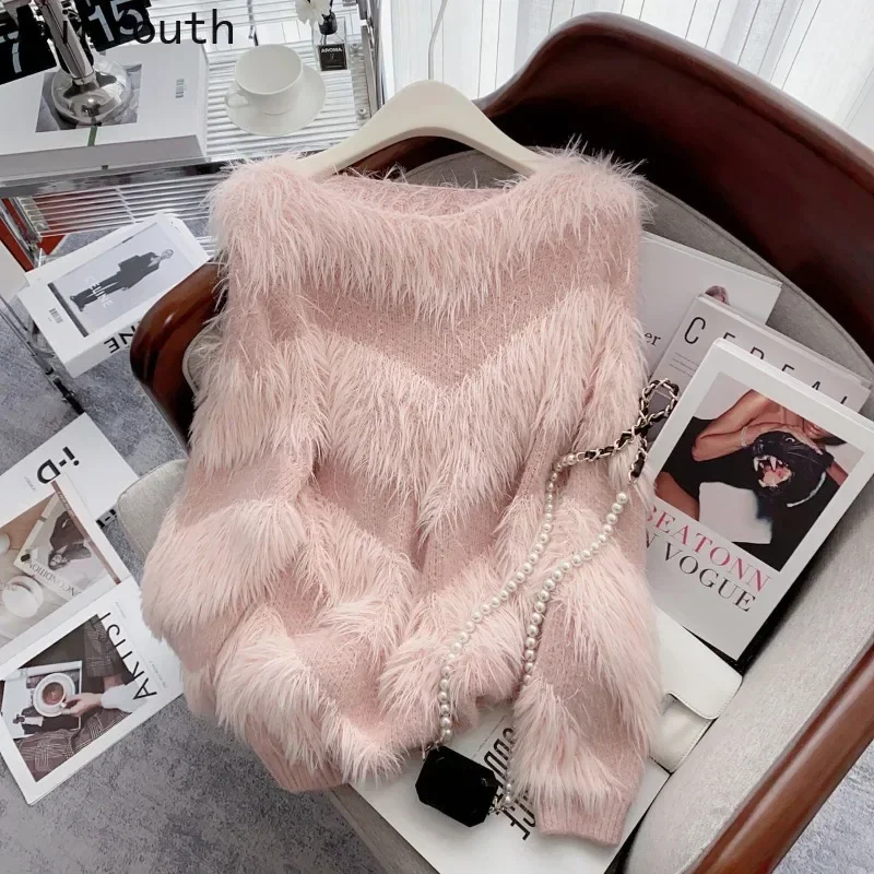 Elegant Pullovers Women Fall Winter Clothing O-neck Casual Korean Jumper Tassel Sweet Knit Oversized Sweater Sueter Mujer