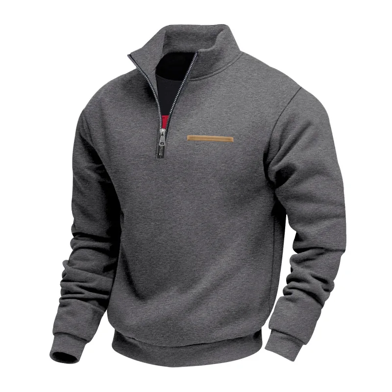 Amerikanischer Herbst- und Winter-Herrenpullover aus schwerem Fleece mit langen Ärmeln, halbem Reißverschluss, lockerem Schnitt und Stehkragen – Detail 30