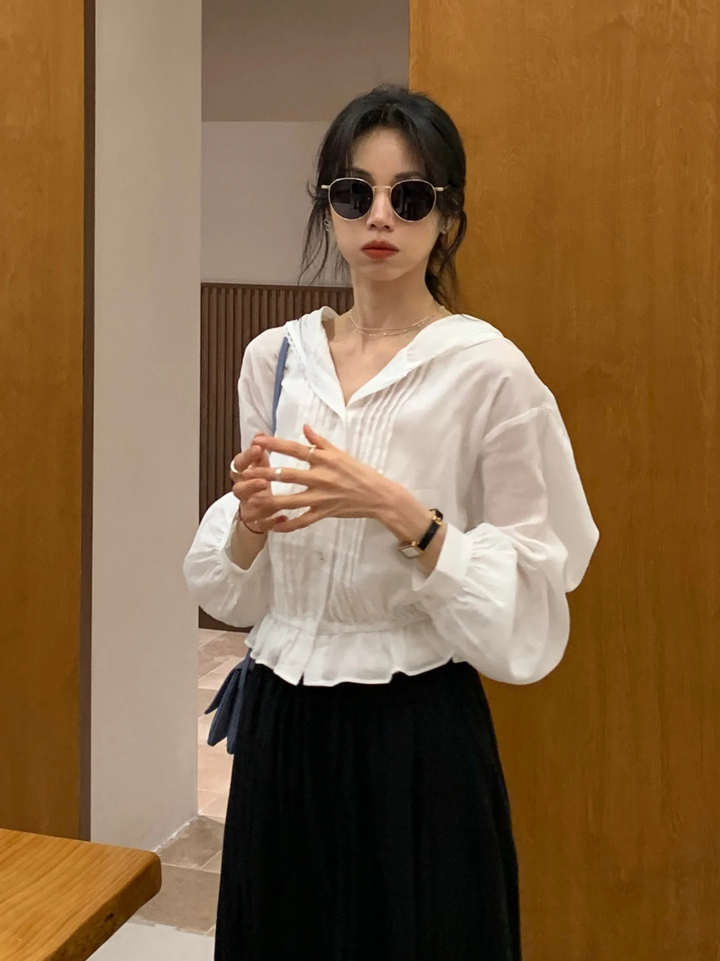 

Повседневная женская рубашка с защитой от солнца, с рюшами под дерево, свободного кроя, с длинным рукавом, весна-лето, новый стиль, белая