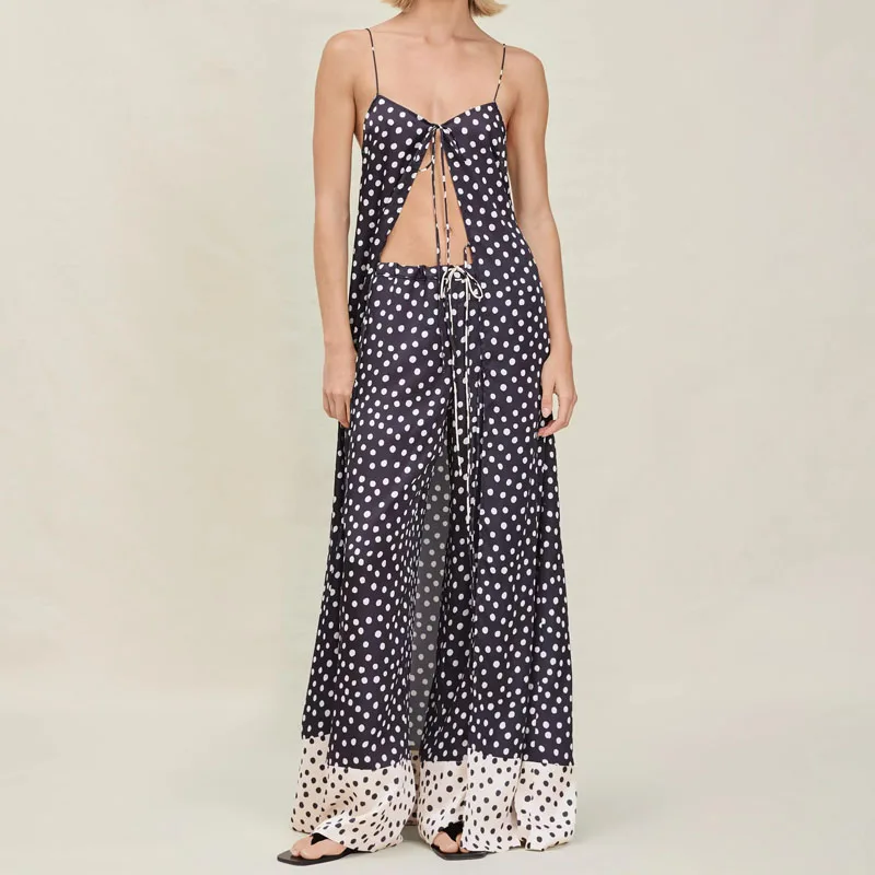 

Fashion Polka Dot Print Outfits Sexy Off Shoulder Sling Tops with Pant Suit Women's Elegant Sleeveless Lace-Up Hollow 2Pc Sets
