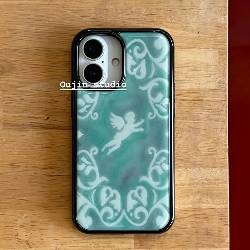 Mint Green Baroque Pattern Angel Black Border Drip Glue Phone Case For iPhone 17 Air 16 Pro Max 15 14 Plus 13 12 11 Back Cover view 2