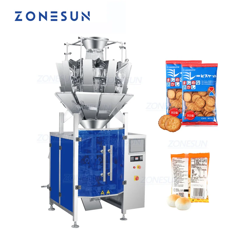 ZONESUN Automatic Chip Granule Biscuit Rice Weighing Filling And Back Sealing Machine 10 Heads Bag Forming Packing Machine