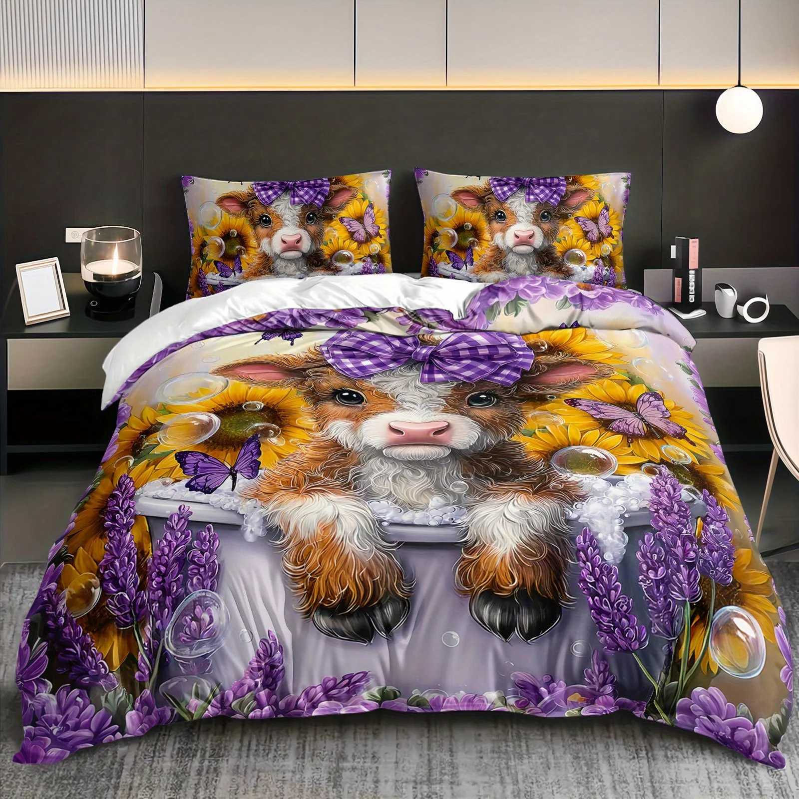 

3pcs Cute Cow Sunflower Lavender Bedding Duvet Cover Set Farmhouse Style Bedding Quilt Set Cow Themed Bed Quilt Set Purple