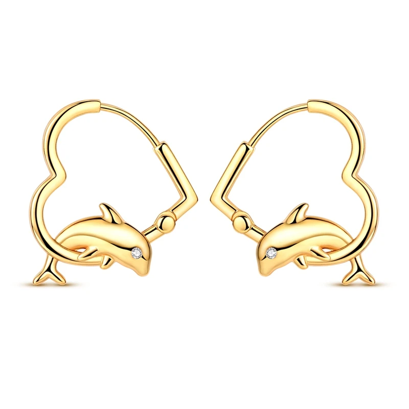 925 Sterling Silber Ohrringe für Damen, vergoldete Delfin-Herz-Creolen für Jahrestag, Hochzeit, Schmuckgeschenke
