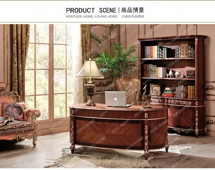 Classical Solid Wood Carving Flower Office Table Villa Large Household Desk Bookcase Combination