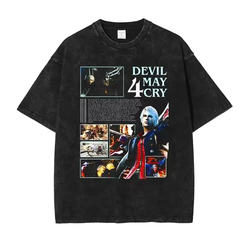 Dante Vergil Nero T Shirt Hip Hop PC Game Devil May Cry Vintage Washed Tops Tees Oversized Short Sleeve T-shirt Man 100% Cotton