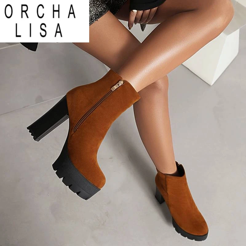 

ORCHA LISA Классические короткие ботильоны с круглым носком на высоком каблуке 12 см, платформа 4 см, флоковая замша, большой размер 43, сексуальные повседневные ботинки