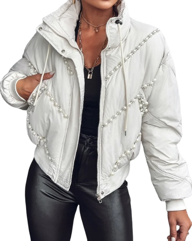 Women's Down Jacket 2023 Winter New Fashion Plush Warm Solid Color Stand Collar Beaded Quilted Puffer Coat Temperament Commuting