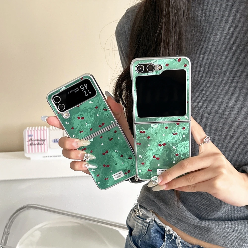 

For Samsung Galaxy Z Flip 6 5 4 3 Case with Red Cherry Blossom & Green Grass - Shockproof Luxury Glitter Phone Cover For Girl