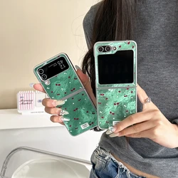 For Samsung Galaxy Z Flip 6 5 4 3 Case with Red Cherry Blossom & Green Grass - Shockproof Luxury Glitter Phone Cover For Girl