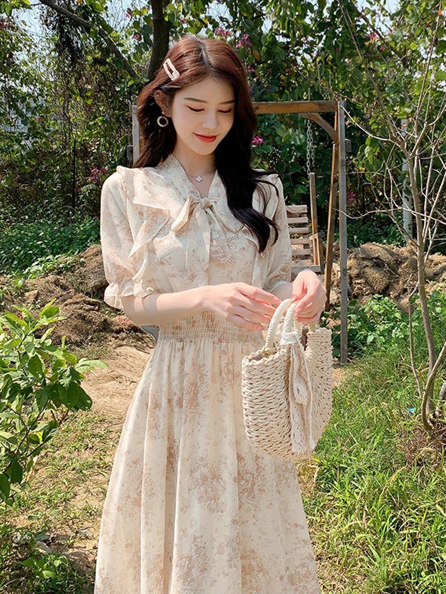 Mooie bloemen chiffon lange jurk kantoor dame zoete elegante vrouwen ruches bladerdeeg mouw elastische taille lint strik knoop Koreaanse Y2K