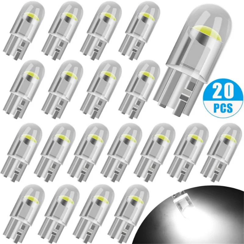 10/20PCS White Light T10 DC 12V Car LED Light Canbus Glass COB 6000k Reading Dome Lamp Marker Wedge License Plate Light Bulb
