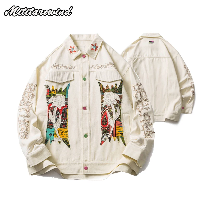 

Y2k Streetwear Niche Jackets for Men National Floral Embroidery Designer Spliced Coats Loose Casual Pure Cotton Coats for Men