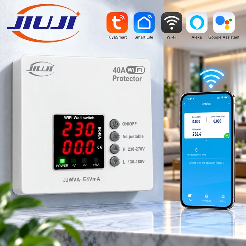 JIUJI 40A WiFi Smart Wall Switch Adjustable Over Under Voltage Leakage Protector Dual Display Tuya APP Remote Control