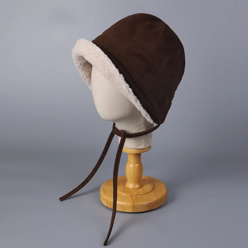 الكورية سميكة صوف الضأن منفذها قبعة مع الرجعية تقليد الجلد المدبوغ شريط مخملي الدفء حماية آذان قبعة بحافة دافئة