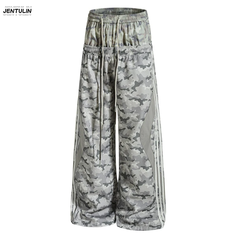 

Aesthetic Splicing Double Waist Camouflage Pants Men Loose Retro Street Trendy Rock Design Sensation Fake Two piece Casual Pants