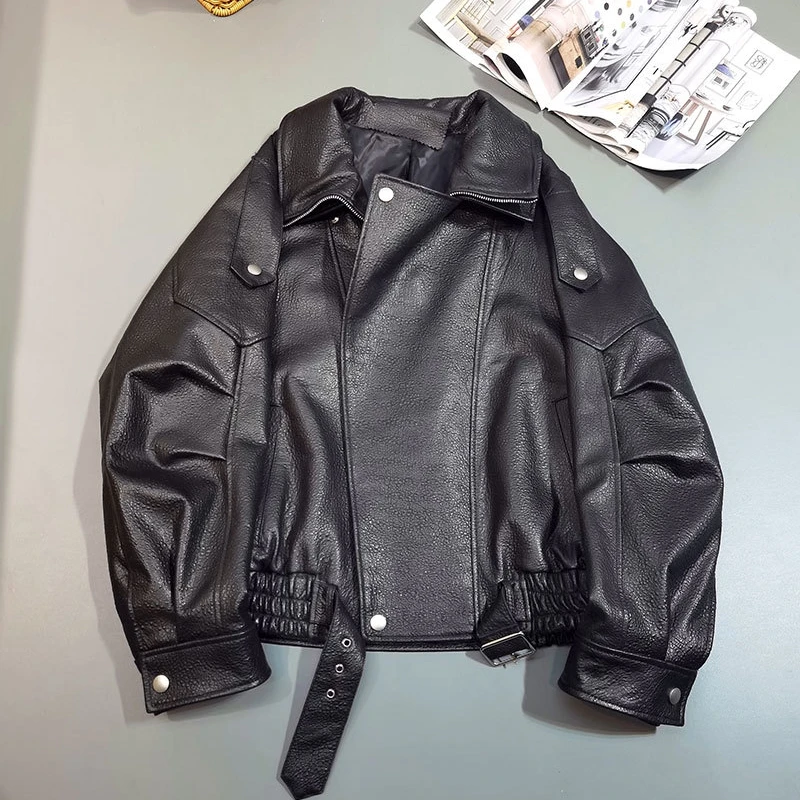 Luxusní měkká kožená bunda pro ženy, vintage bomber bundy, PU moto motorkářský kabát, větrovka, korejská móda pro ženy, svrchní oblečení unisex - náhled 6