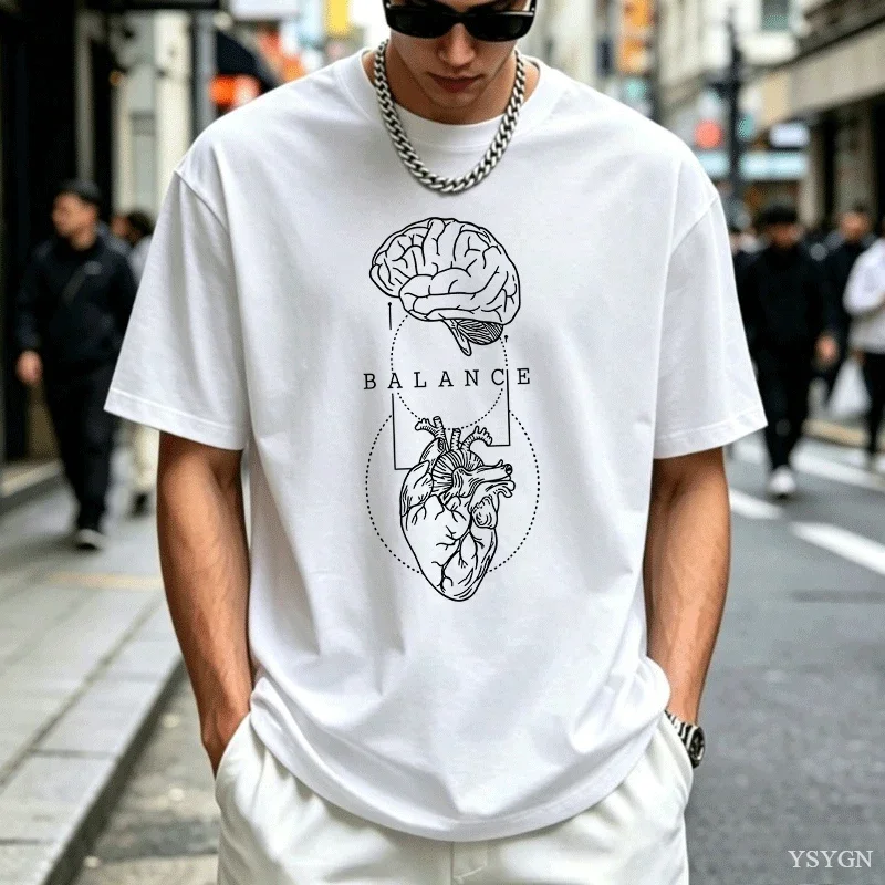 Men Summer Brain Heart Balance Pattern T-Shirt - Loose Fit - Suitable for Daily Wearing 100% Pure Cotton Soft Material Fashion