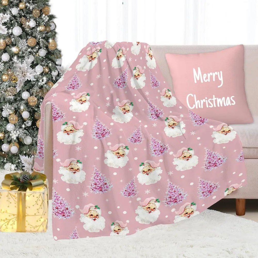 Soft Plush Christmas Blanket,Cute Santa Claus Pink Christmas Tree Snowflake Warm Throw Blanket for Couch