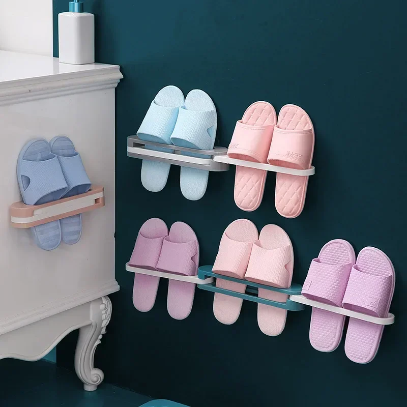 Folding Slippers Holder Shoes Hanger Self Adhesive Storage Towel Racks Bathroom Slippers Rack Wall Mounted Shoe Organizer Rack