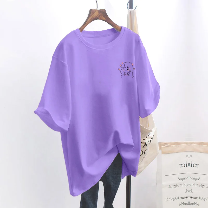Loose Short Sleeve T-Shirt Women's Korean Style plus Size Mid-Length Half Sleeve Versatile Top Casual Comfortable Polyester