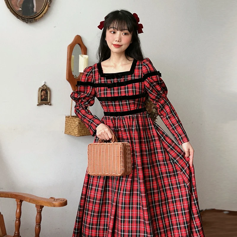 AnXin SH princess Retro French red checkered waist cinched palace style girl square long sleeve zipper customized evening dress