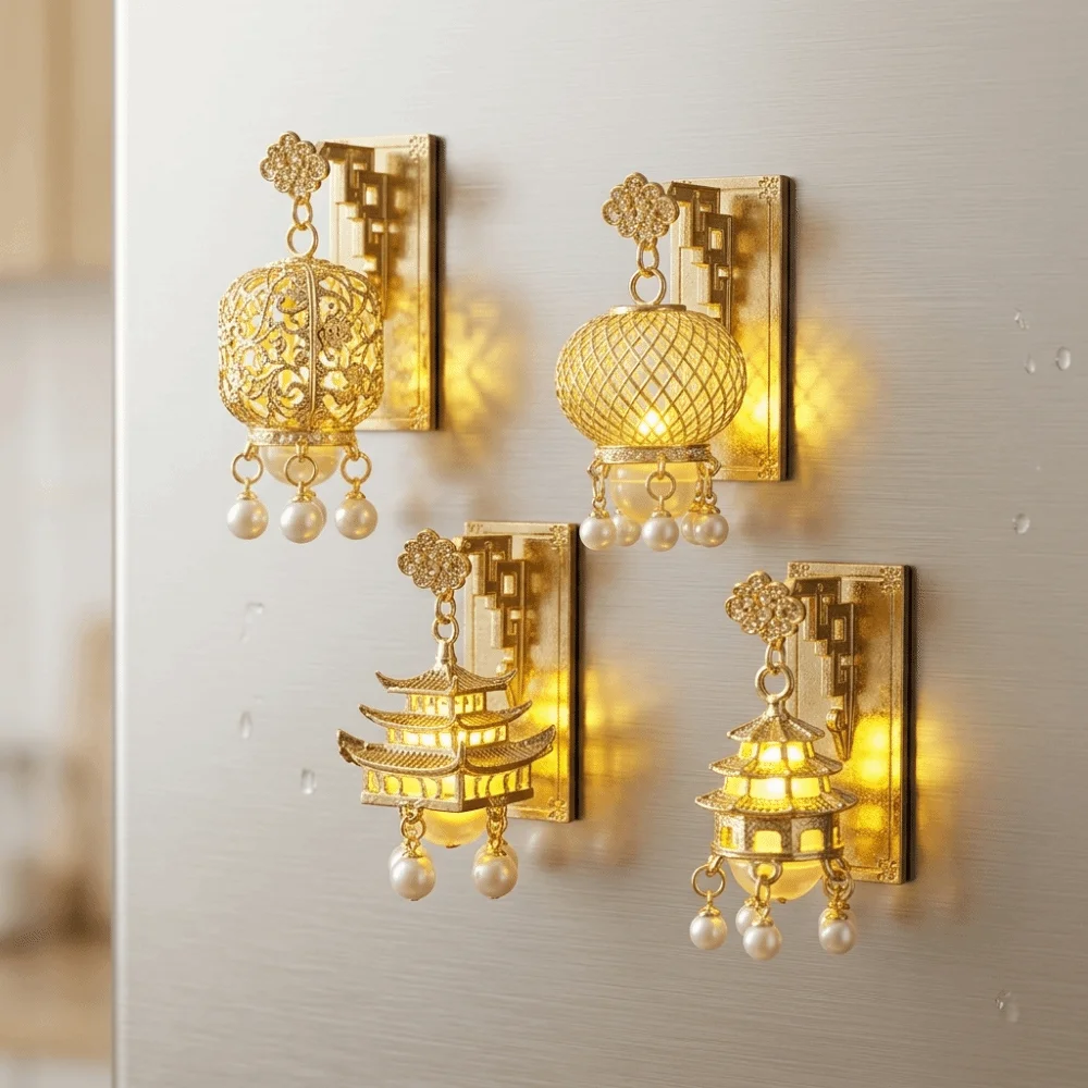 Light Up Lantern Fridge Magnet New Chinese Style Palace Style Pavilion Fridge Magnet Pearl Embellishment Tassel Pendant