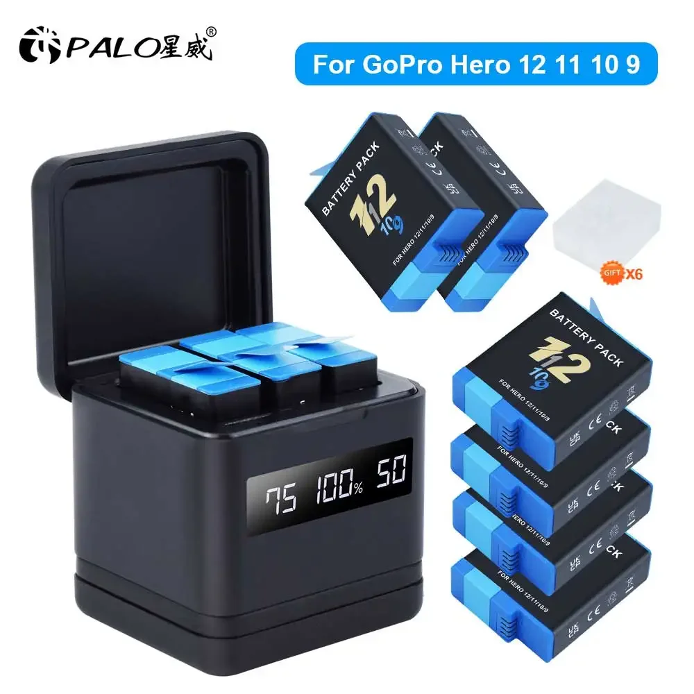 PALO-Batterie portable haute capacité pour GoPro, boîtier de chargeur de stockage, charge rapide, LCD, 2000mAh, 12, 11, 10, 9 + 3 emplacements