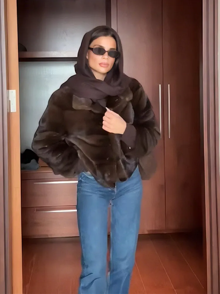 

Women's Patchwork Vintage Brown Faux Fur Jacket High Collar Full Sleeve Crop Flurry Coat 2025 New Lady Trendy Warm Outwears