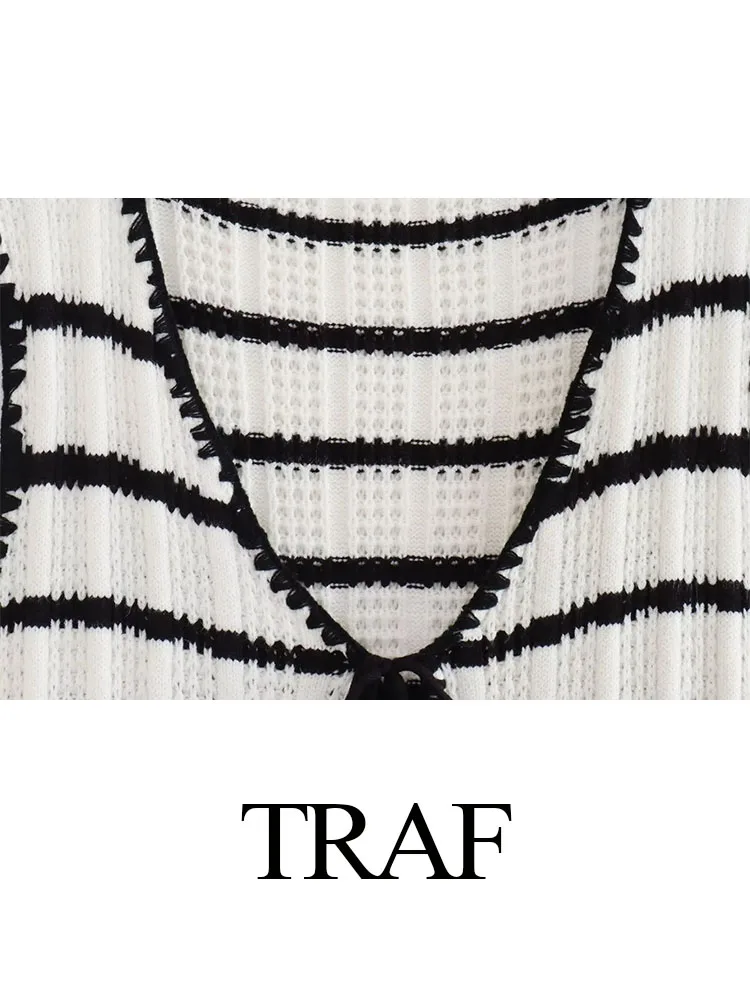 TRAF-Tops femininos com cordões listrados preto e branco com decote em v e calças de perna larga de cintura alta, terno feminino, moda verão,