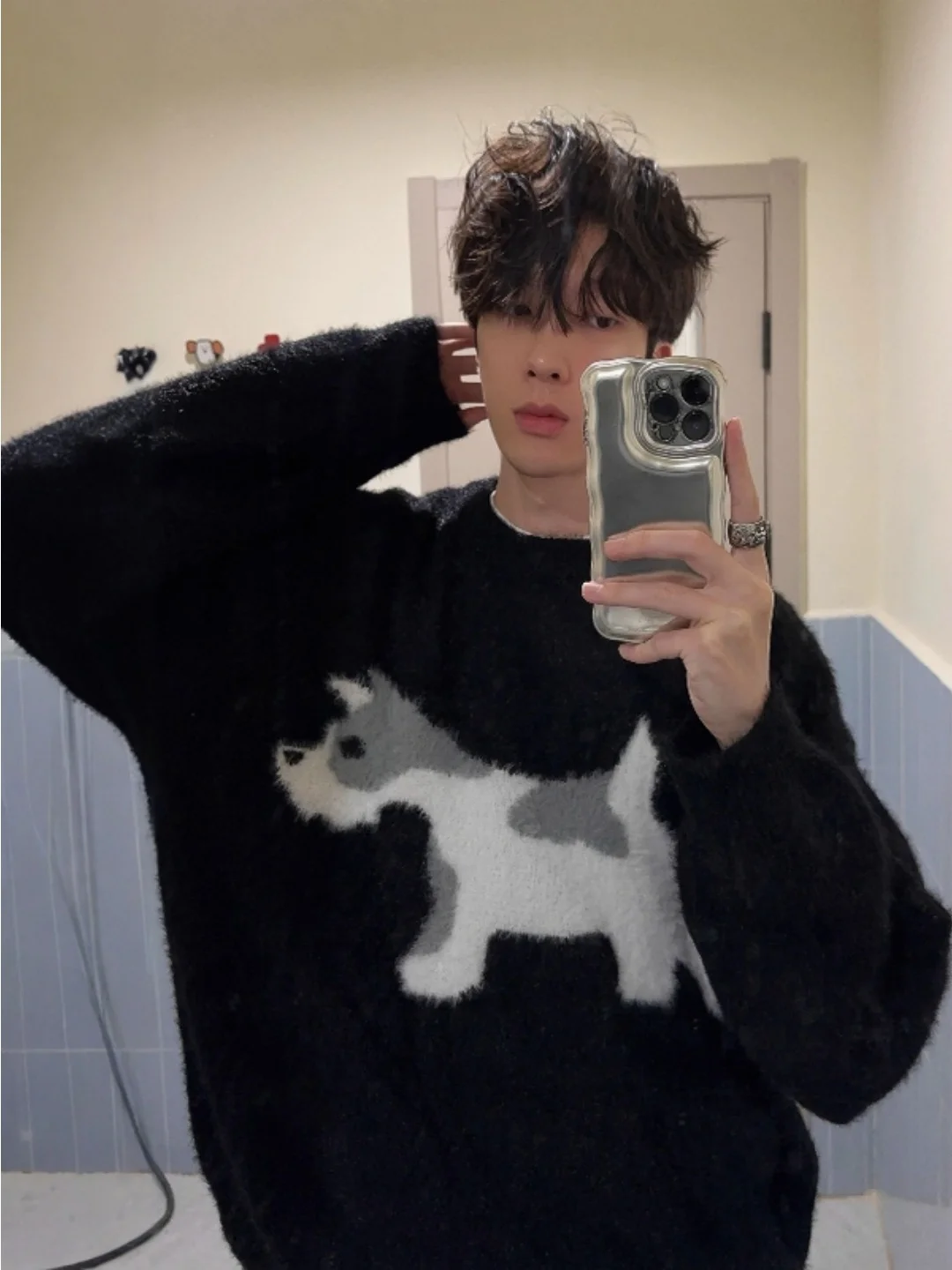 

Loose Fit round Ne Knitwear Soft Cozy Dog Print Design American Lazy Sle Men's Sweater Casual Comfortable Long Sve Top