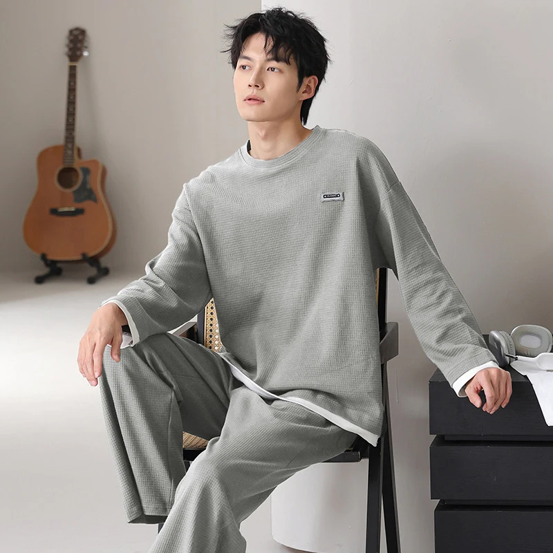 

Plus Size M-3XL Men Pajamas Set 100% Cotton Solid Sleepwear Male Casual Long Sleeve Pyjamas