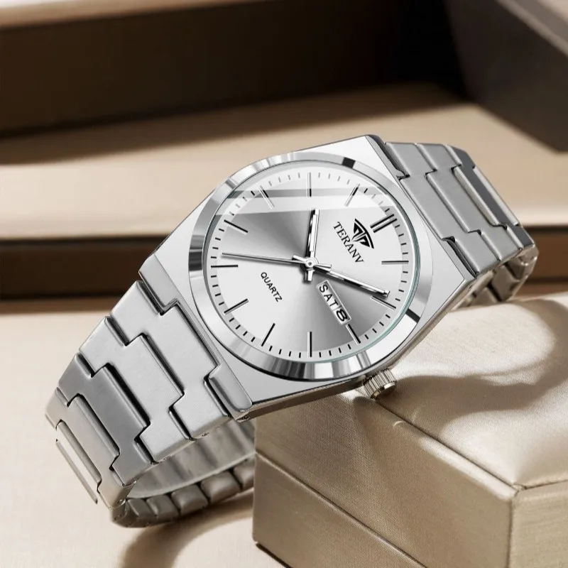 

Модные мужские часы-календарь, кварцевые, водонепроницаемые, с металлическим ремешком, для делового стиля