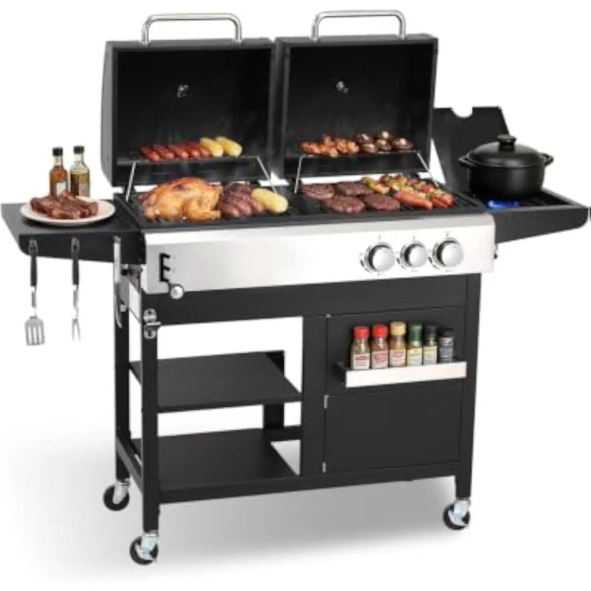 Dual-fuel outdoor grill combining propane and charcoal cooking zones with independent temperature control, side burner for auxil