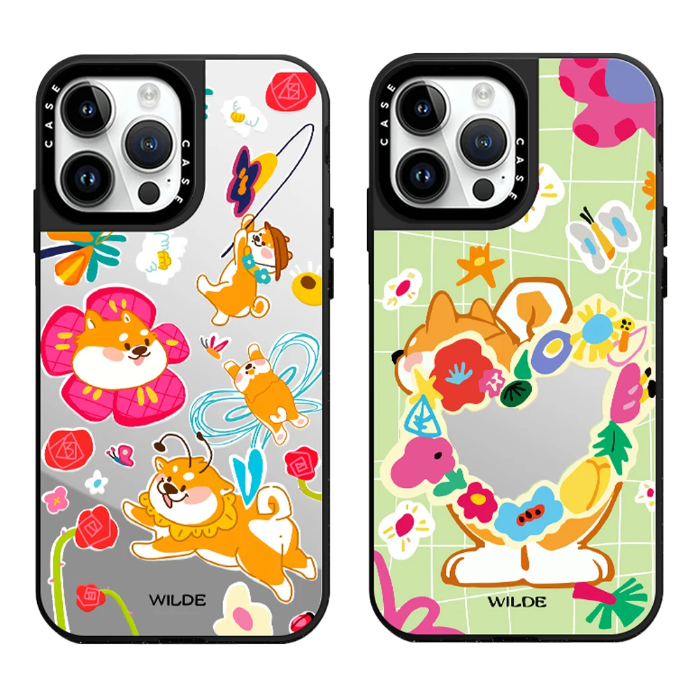 

Cute Shiba Inu Dog Colored flowers Mirror Phone Case With MagSafe For iPhone 16 15 14 13 12 11 Pro Max Plus Anti-drop