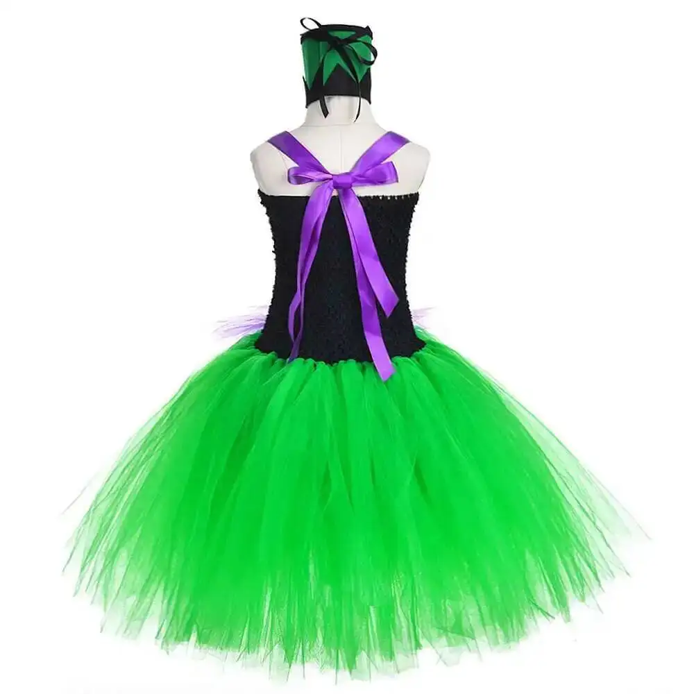 Spooky Broken Doll Tutu Dress for Girls Halloween Carnival Fancy Costume with Mini Hat Kids Green Heart Patchwork Tulle Outfit