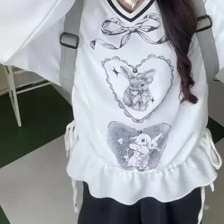 

Onalippa американский ретро свитшот с v-образным вырезом женская ранняя осень футболка с длинными рукавами и принтом кролика свободный милый топ в студенческом стиле