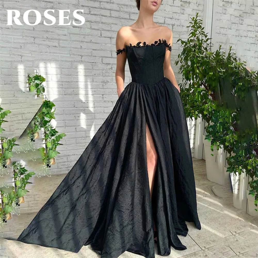 

ROSES Black Evening Dress Off The Shoulder A-Line Party Dress with Pleats Satin Vestido De Novia Sexy Side High Split Prom Dress