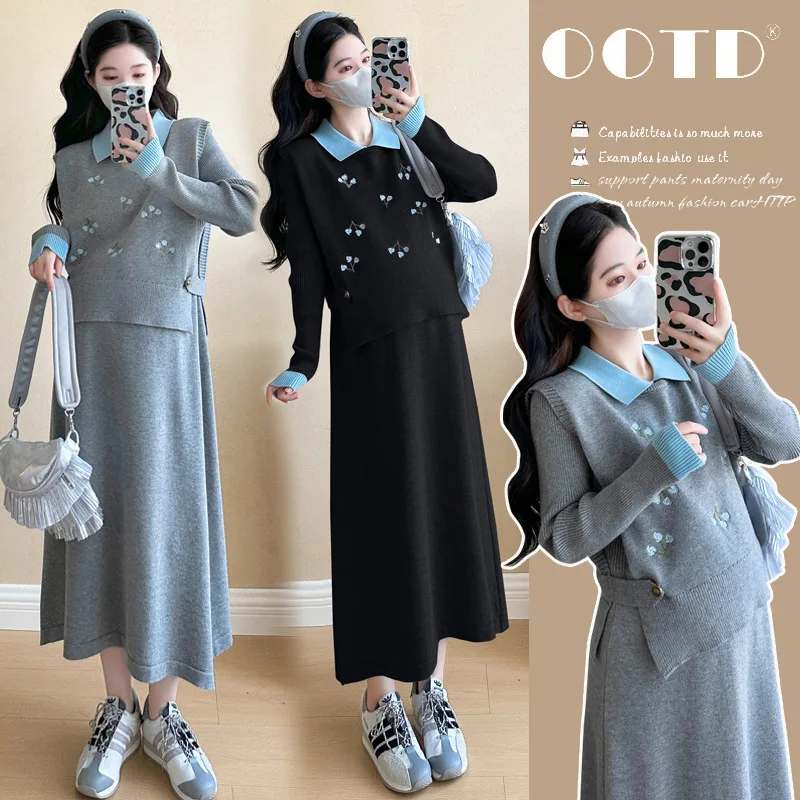

Chic Pregnancy Wear Cold Season Jacquard Knit Dress Sophisticated Embroidered Details Fashionable Two Piece for Expecting Moms