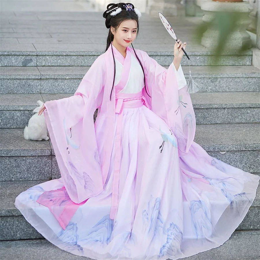 Зеленый красный летний костюм Hanfu, женское традиционное китайское Старинное платье, Восточная принцесса, элегантная танцевальная одежда династии Тан