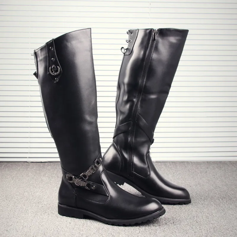 British Mens Black Knee High Boots Desiger Side Zip Long Motorcycle Shoes Antique Cosplay Stage Botas Casual Comfort Zapatos